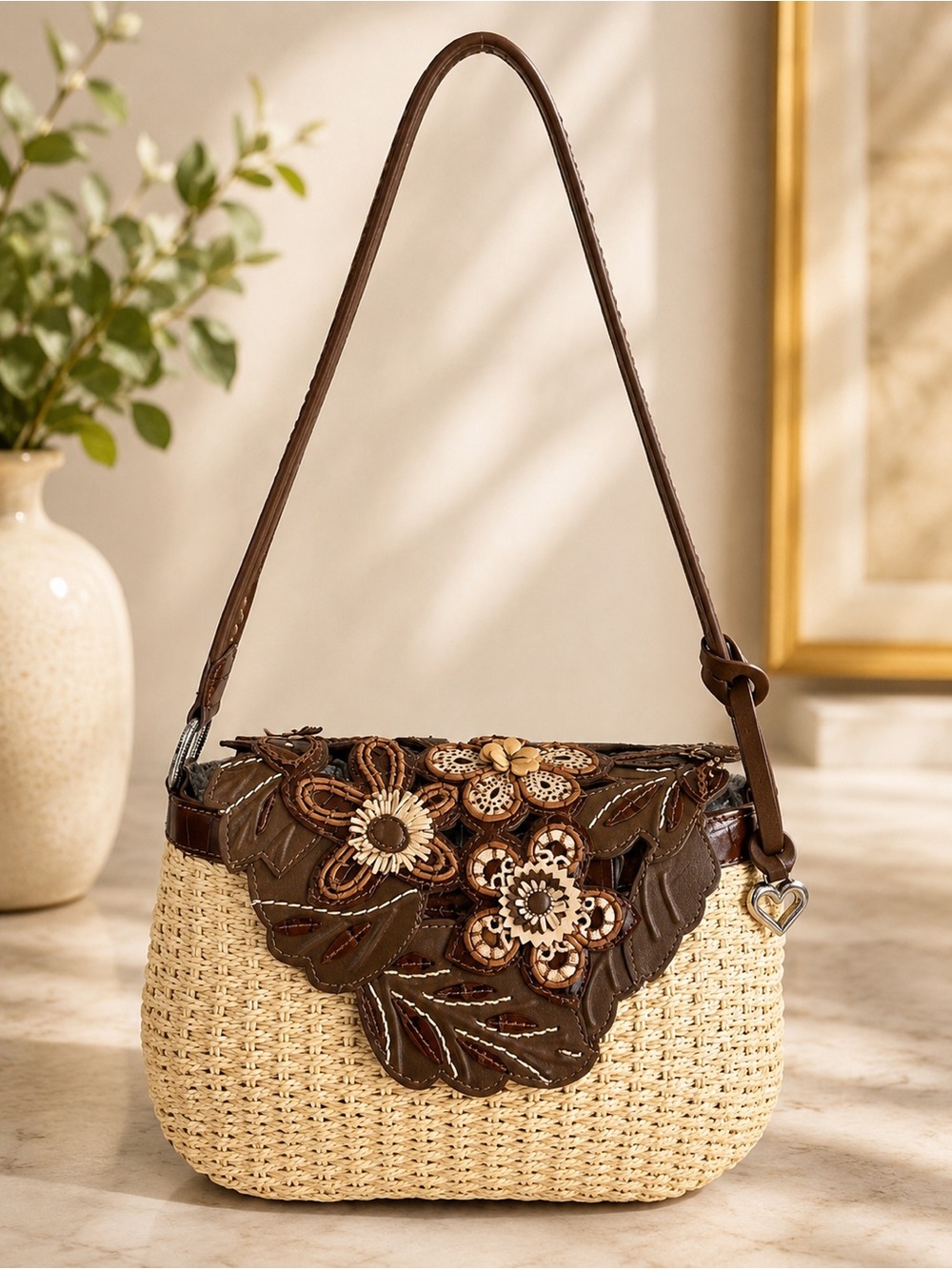 Brighton Floral Raffia Straw Leather Shoulder Bag Boho Y2K Purse